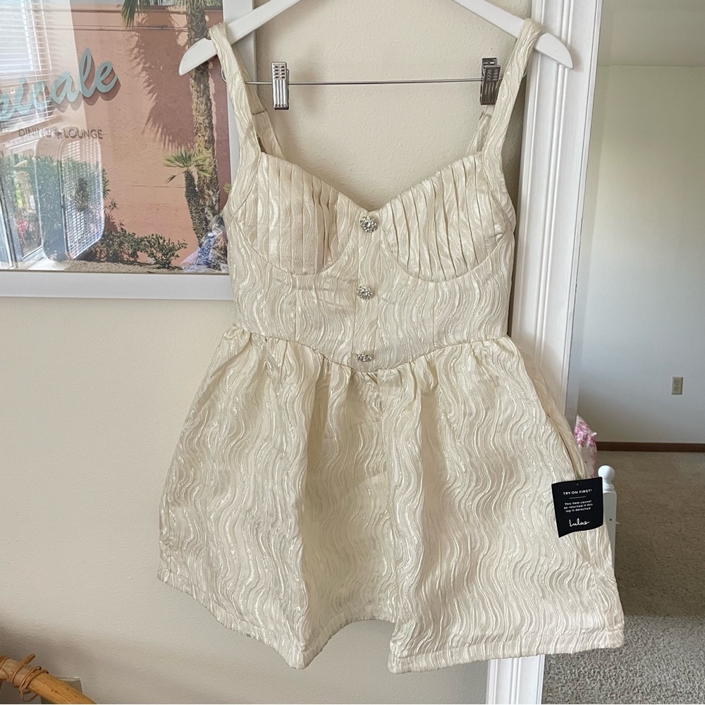 Lulus Charmingly Precious Pleated Textured Bustier Mini Dress Cream Medium - Picture 4 of 6